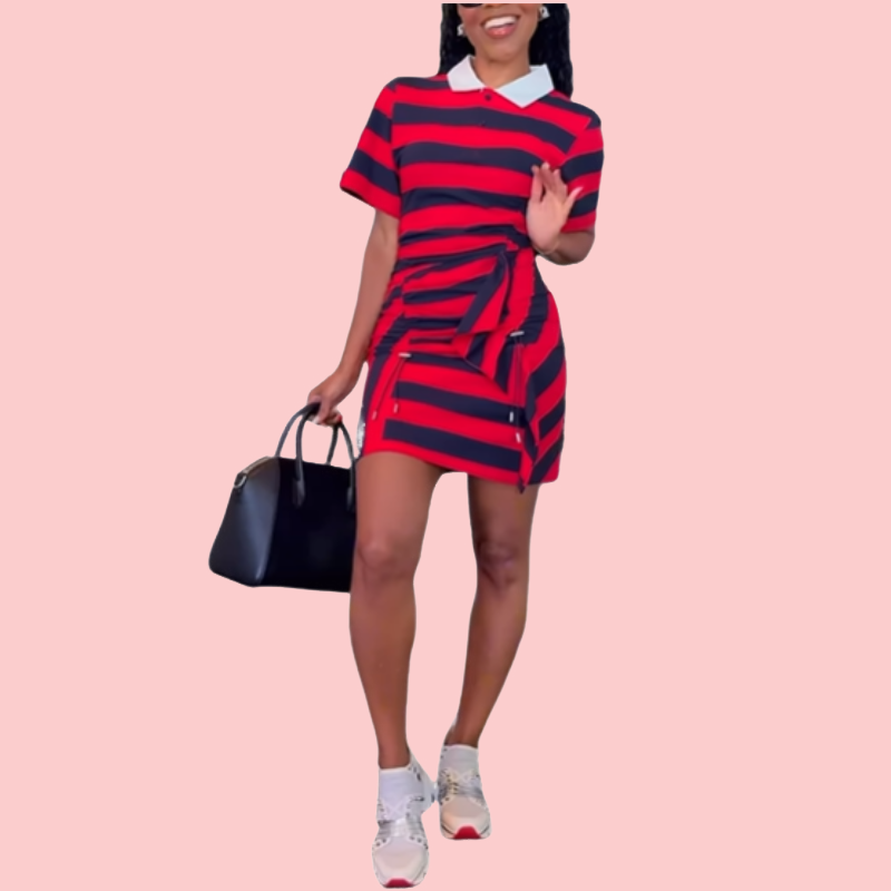 Red and Black Striped Drawstring Mini Dress