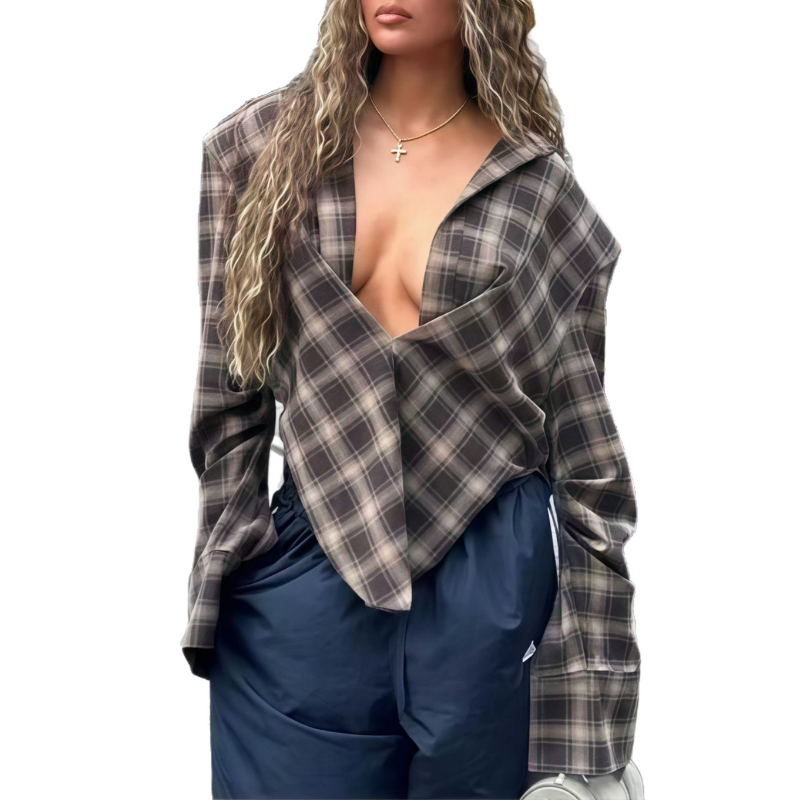 Irregular-Fit Cardigan Plaid Shirt