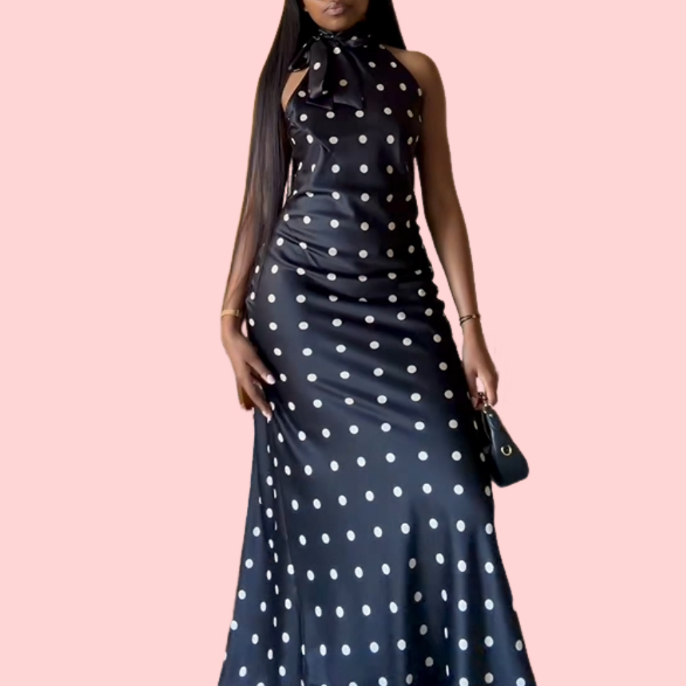 Black and White Polka-Dot Halter Dress