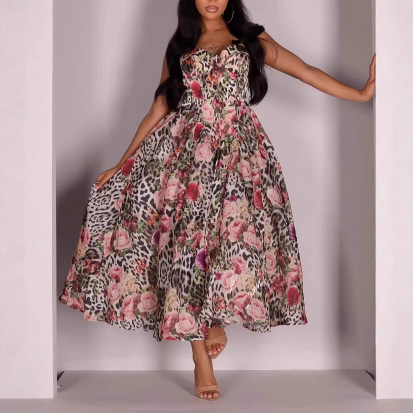 Leopard-print Floral Midi Dress