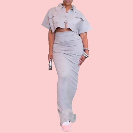 Gray Short-Sleeve Top & Skirt Set