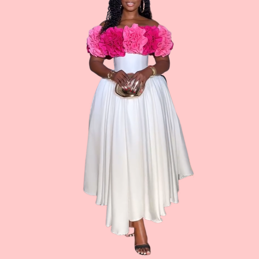 Red Gathered-Flower Patchwork Maxi Dress