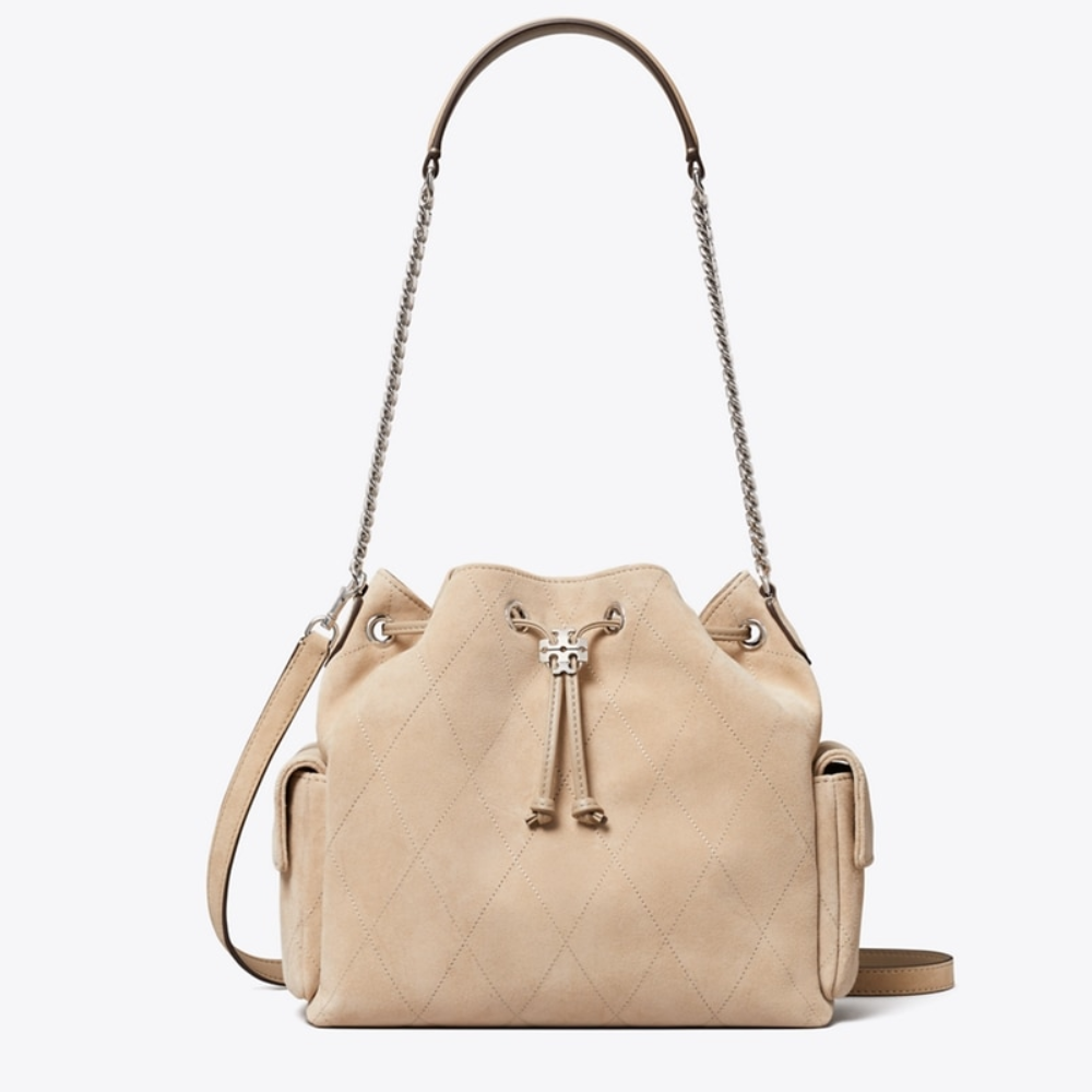 QUILTED SUEDE DRAWSTRING SHOULDER BAG