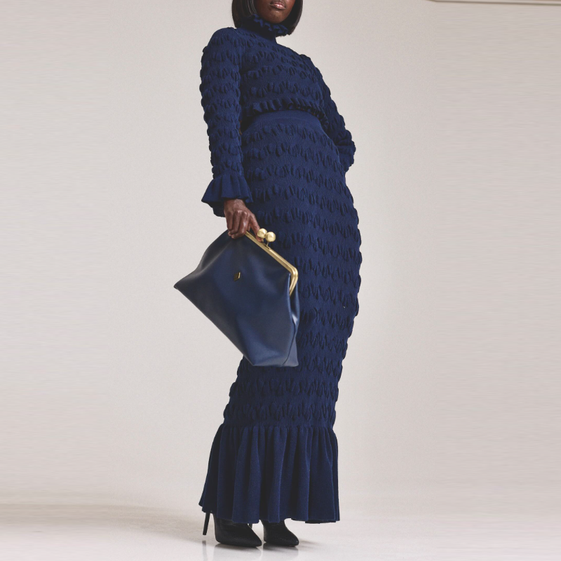 Blue Knit Turtleneck Top & Skirt Set