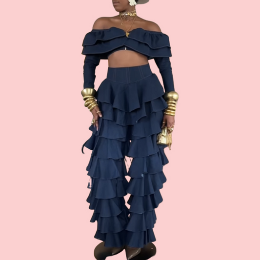 Blue Ruffle Sheath Top & Pants Set