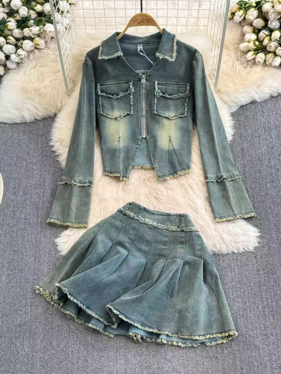 Washed Denim Distressed Jacket & Skirt Set