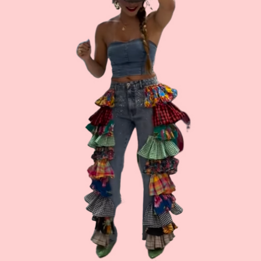 Colorful Crop Patchwork Denim Trousers