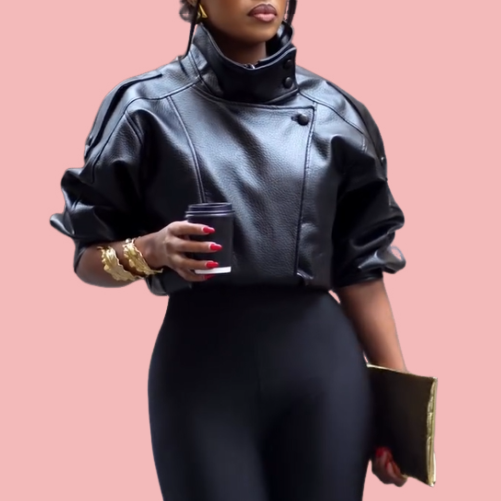 Black Leather Stand-Up Collar Jacket