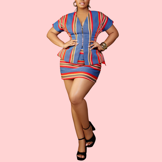 V-Neck Striped Zipper-Front Waist-Defining Blouse & Skirt Set