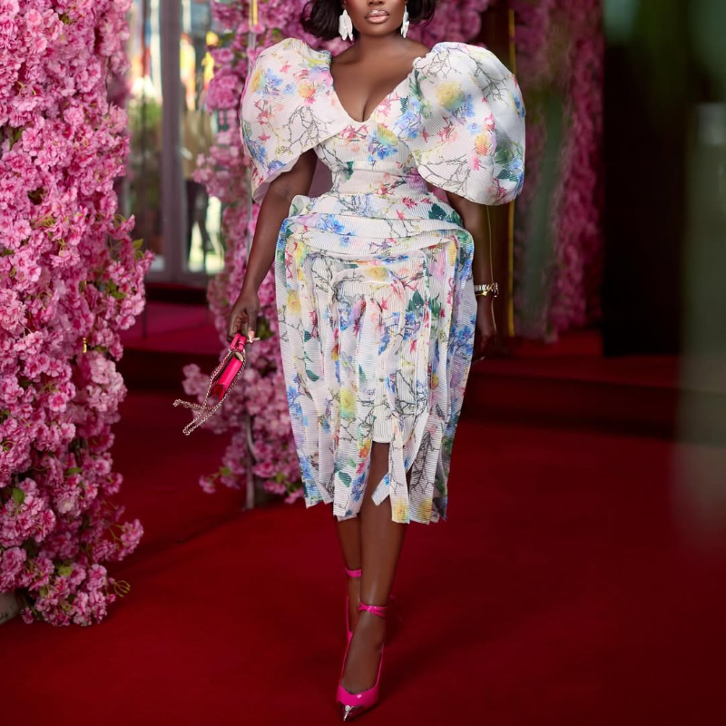 Floral V-Neck Puffy Dress