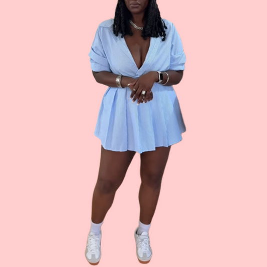 Solid Color Striped V-Neck Mini Dress