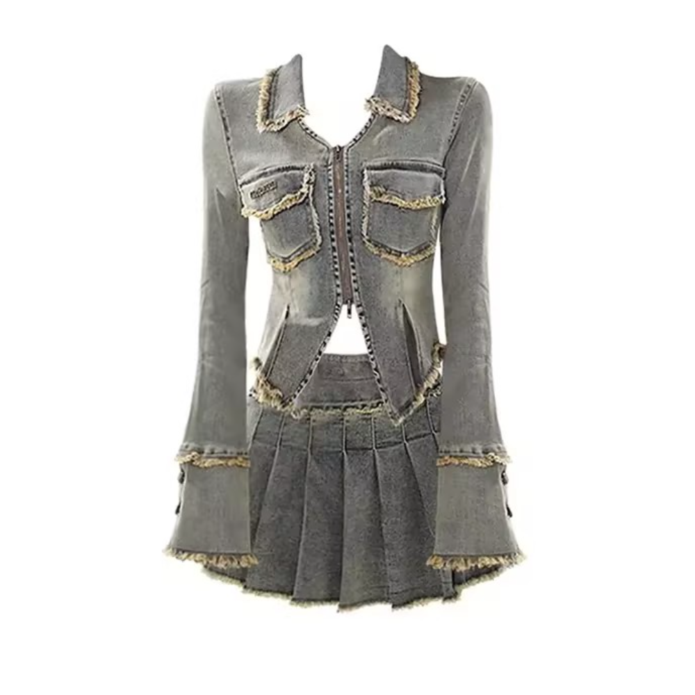 Washed Denim Distressed Jacket & Skirt Set