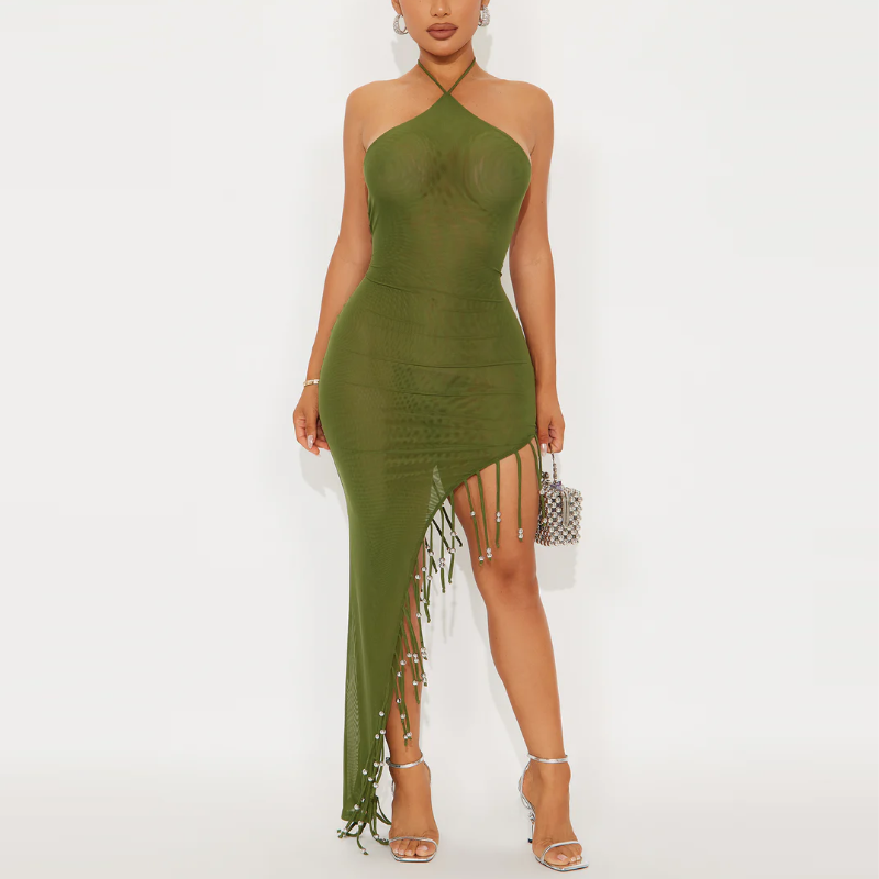 Green Fringe Hang Neck Maxi Dress