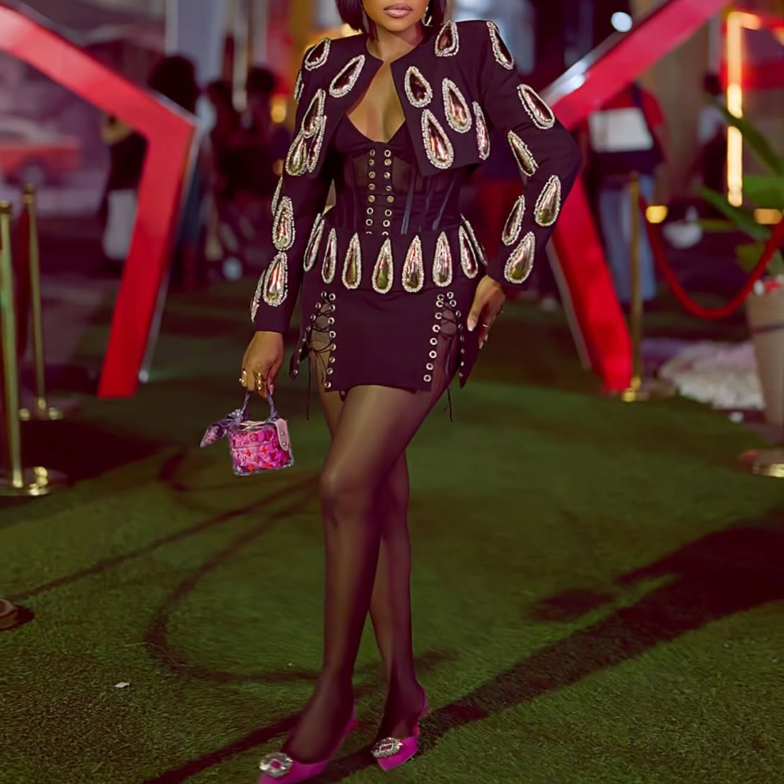 Rhinestone Teardrop Jacket & Tie-Waist Dress Set
