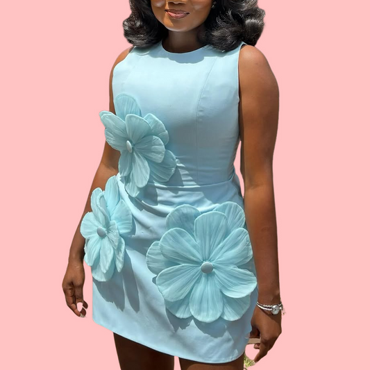 Tie Flower Sleeveless Mini Dress in Blue