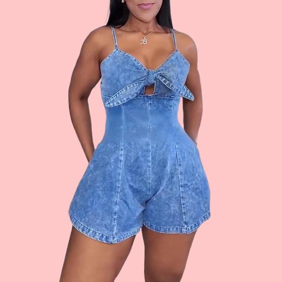 Washed Denim Bow Romper