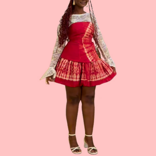 Red Printed Patchwork Skirt Set