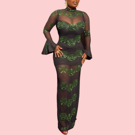 Printed Sheer Bell-Sleeve Maxi Dress