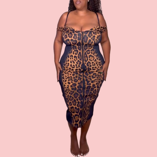 Sexy Leopard Print Zipper Midi Dress