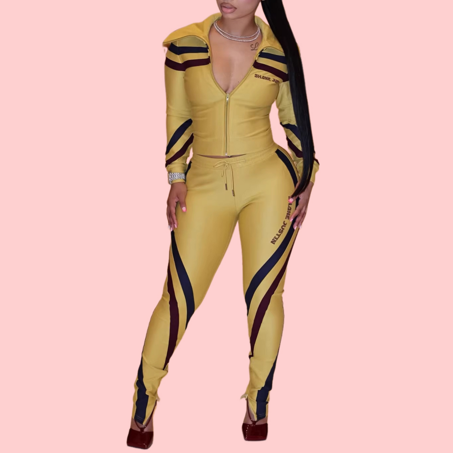 Sports Print Patchwork Long-Sleeve Zipper Leggings Set
