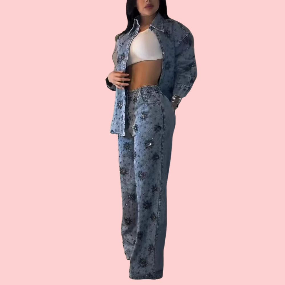 Rhinestone Flower Denim Shirt Two-Piece Set