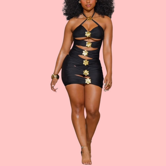 Solid Color Camisole Hollow Out Gold Flower Set