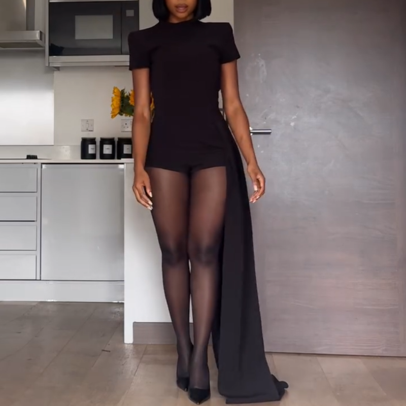 Black Short-Sleeve Top & Flutter-Tie Shorts Set