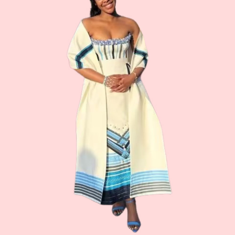 Striped Floral Strapless Maxi Dress & Shawl