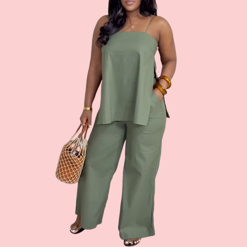 Solid-Color Split-Front Tank Top & Pants Casual Set