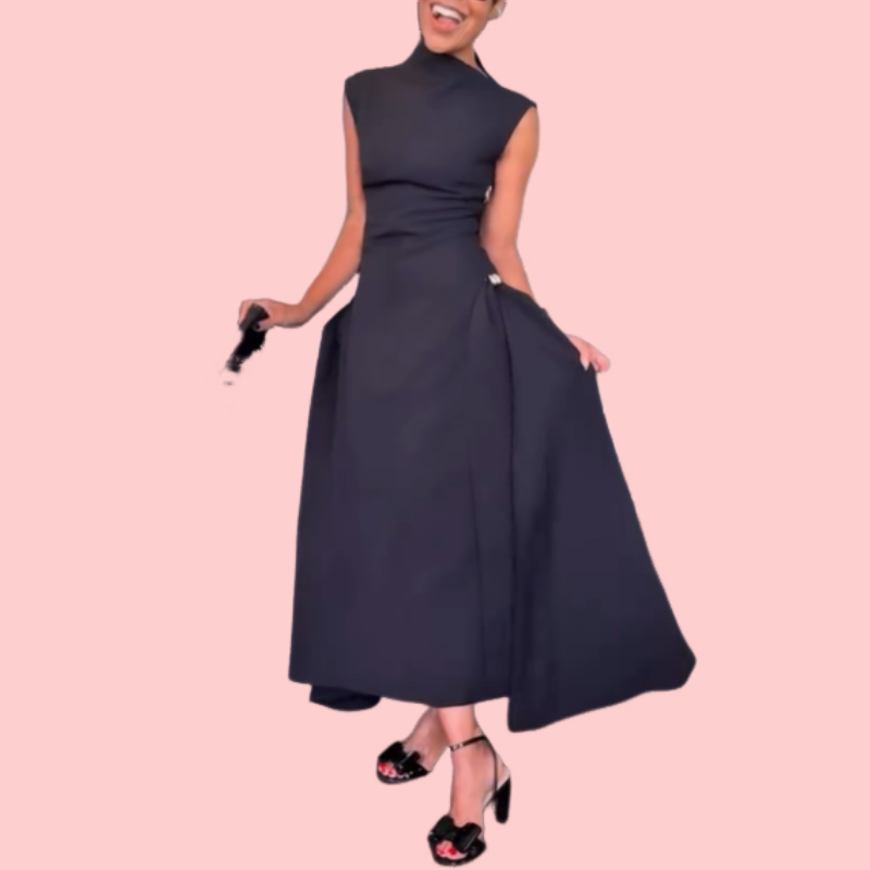 Black Sleeveless Metal Button Midi Dress