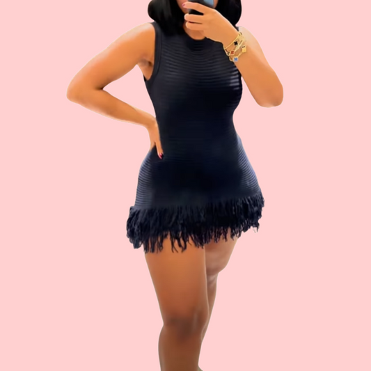 Black Sleeveless Fringe Mini Dress
