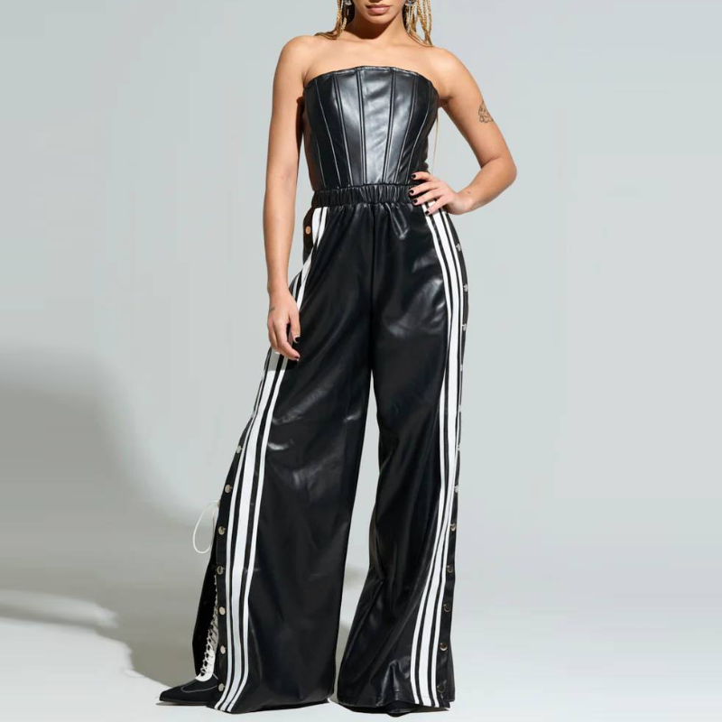 Sheath Leather Striped Jumpsuit