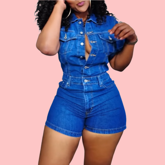 Blue Pocket Denim Romper