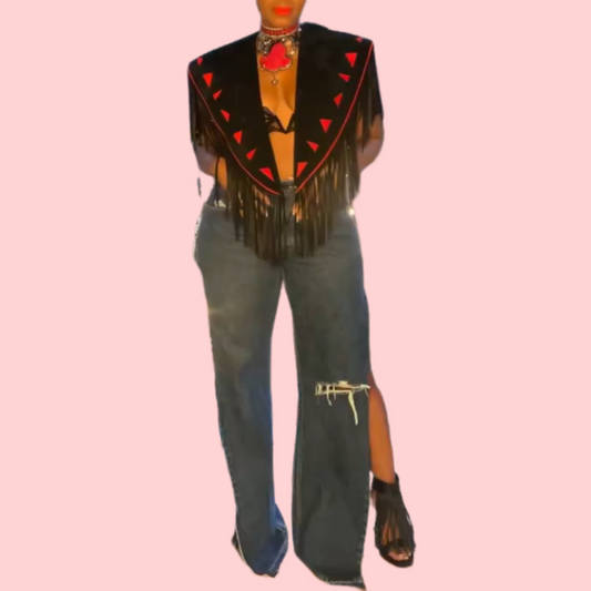 Red & Black Fringed Shawl Blouse