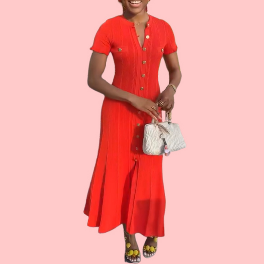 Knitted Button Elegant Short Sleeve Maxi Dress