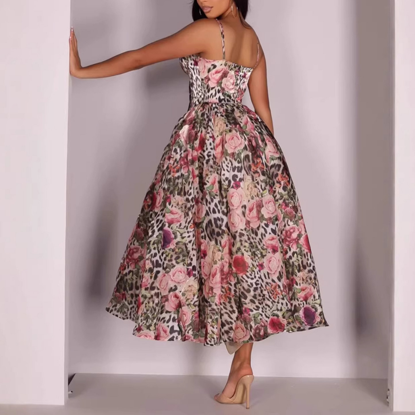 Leopard-print Floral Midi Dress