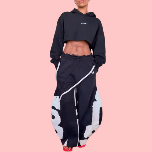 Black Cropped Hoodie & Wide-Leg Drawstring Pants Set