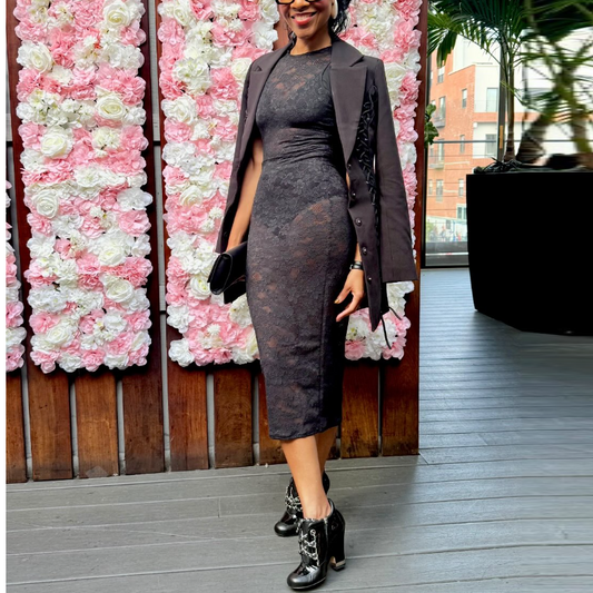 Black Lace Sheer Midi Dress