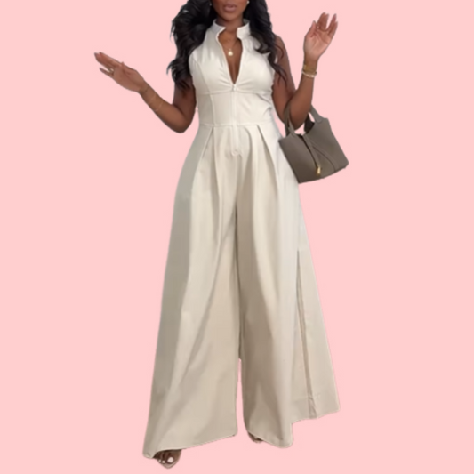 White Sleeveless Half-Zip Jumpsuit