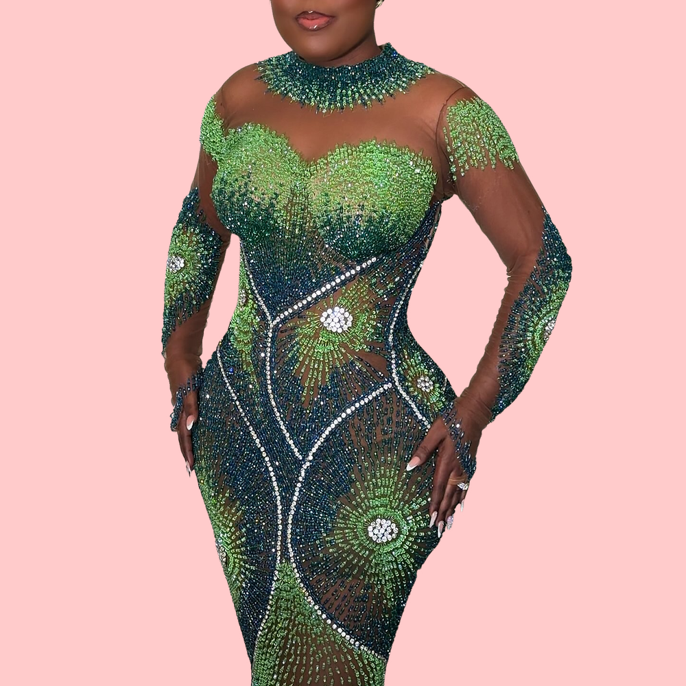 Green Rhinestone Gradient Maxi Dress