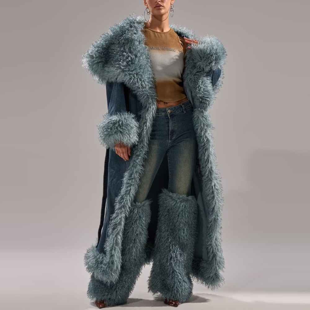 Fur Trim Denim Trench