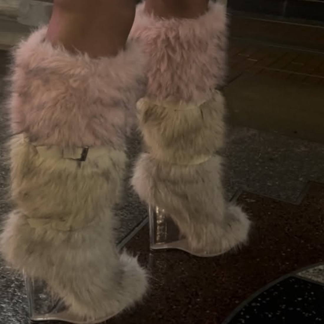 Fur-trimmed Strappy Transparent High-Heel Boots