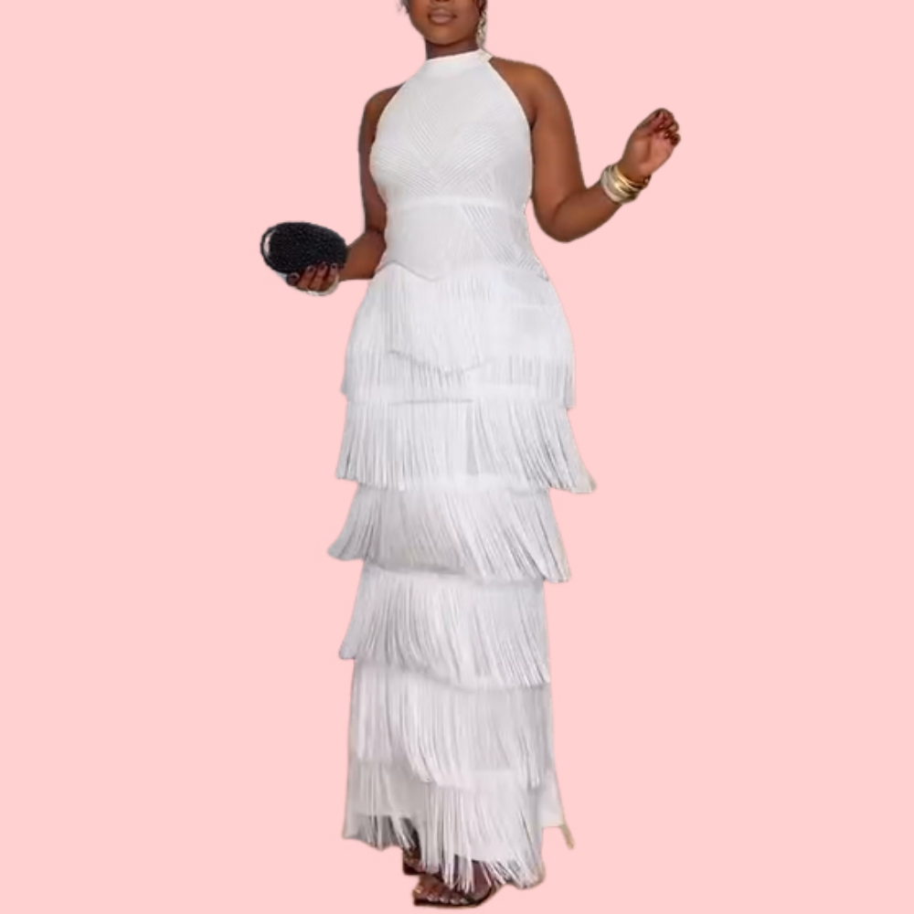 White Sleeveless Fringe Maxi Dress