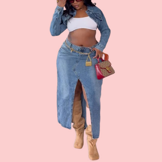 Washed Denim Short Jacket & Skirt Set