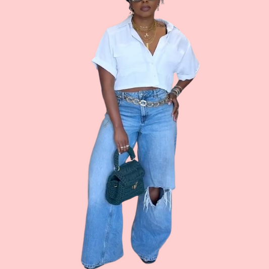 Washed Destroyed Wide Leg Jeans