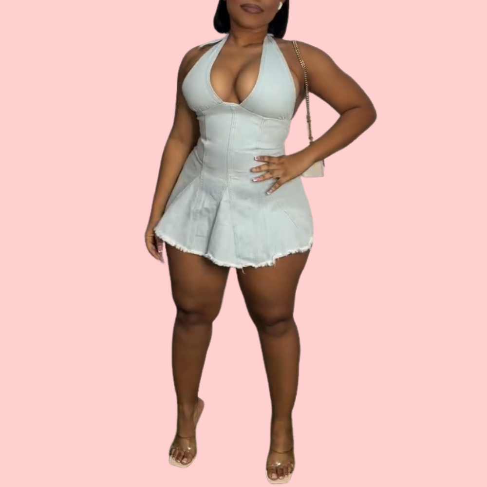 Light Blue V-Neck Halter Mini Dress
