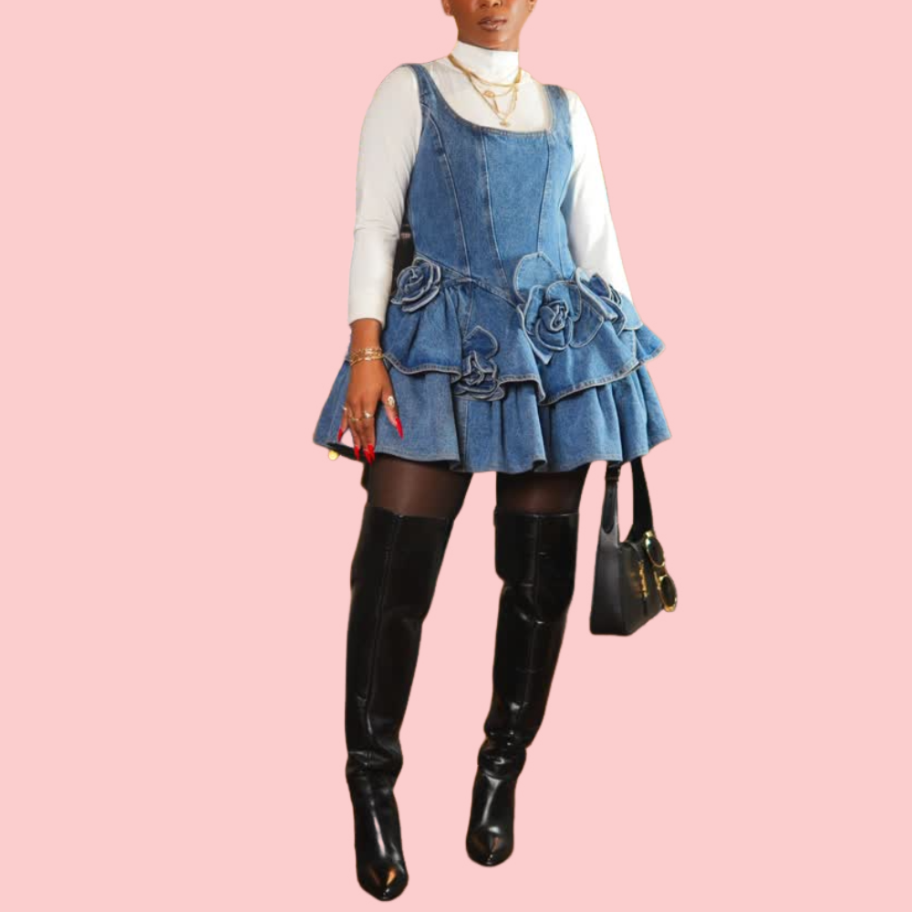 Floral Double-Layer Denim Mini Dress