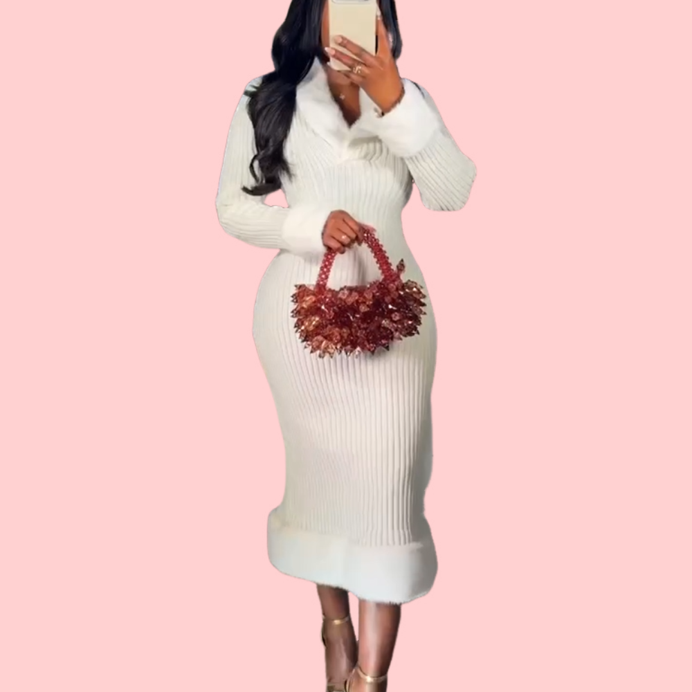 White Knit Plush Collar Dress