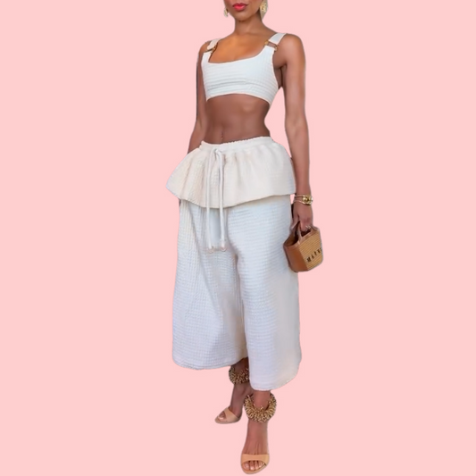 White Waffle-Weave Tank Top & Skirted Drawstring Pants Set