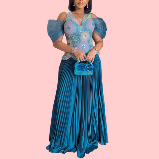 Blue Floral Embroidered Top & Pleated Skirt Set